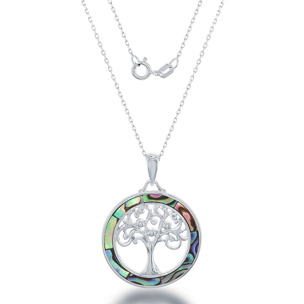 Sterling Silver Round Abalone with Center Tree of Life Pendant