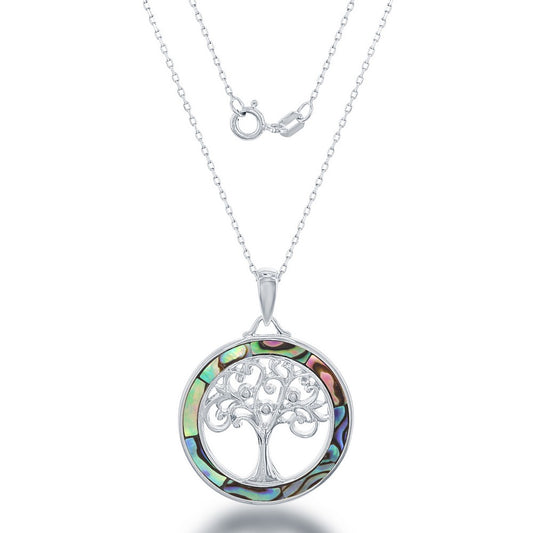Sterling Silver Round Abalone with Center Tree of Life Pendant