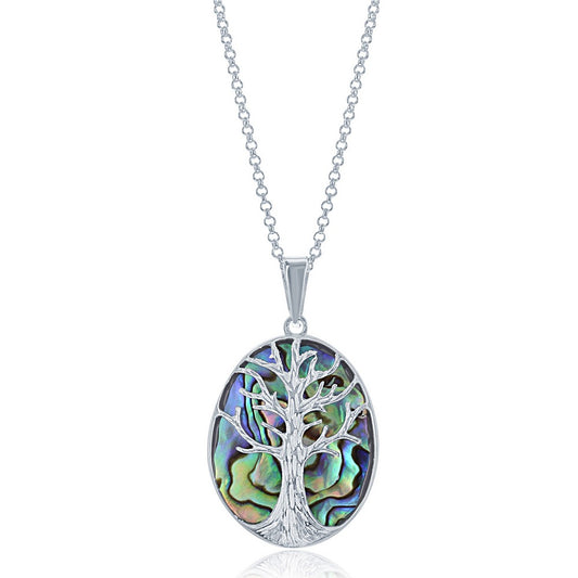 Sterling Silver Large Oval Abalone with Tree Pendant W/Chain