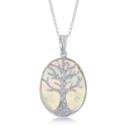 Sterling Silver Large Oval MOP with Tree Pendant W/Chain
