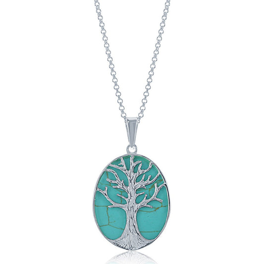 Sterling Silver Large Oval Created Green Turquoise with Tree Pendant W/Chain