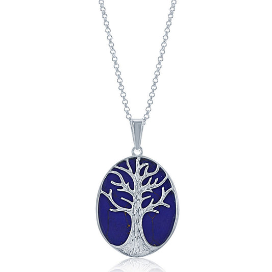 Sterling Silver Large Oval Created Blue Lapis with Tree Pendant W/Chain