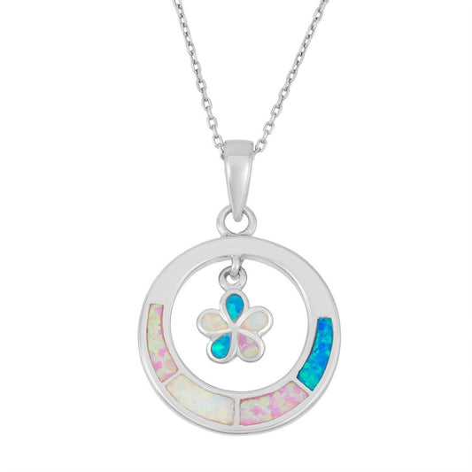 Sterling Silver White, Pink, and Blue Inlay Opal Small Flower Inside Open Circle Pendant