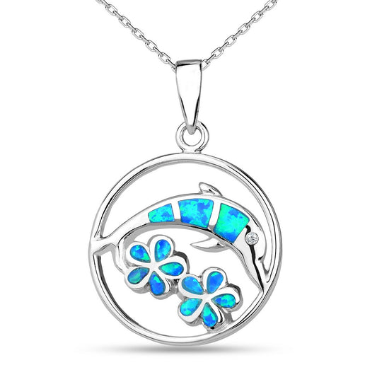 Sterling Silver Blue Inlay Opal Dolphin and Flowers Pendant