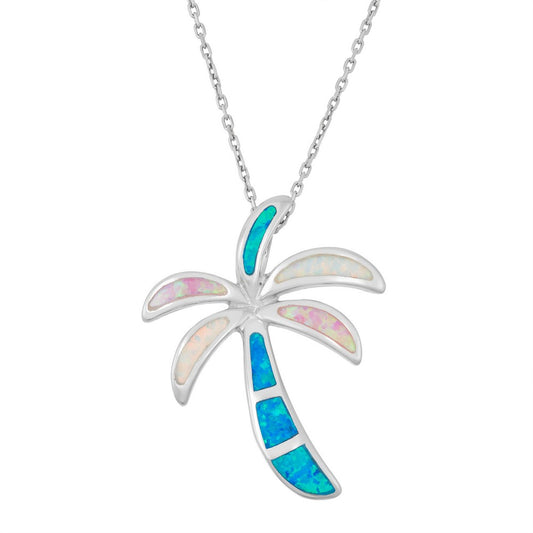 Sterling Silver White, Pink, and Blue Inlay Opal Palm Tree Pendant