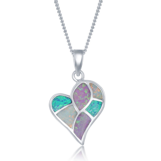 Sterling Silver White, Pink, and Blue Inlay Opal Heart Mosaic Style Pendant