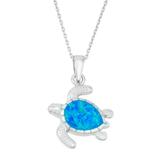 Sterling Silver Blue Inlay Opal Turtle Pendant