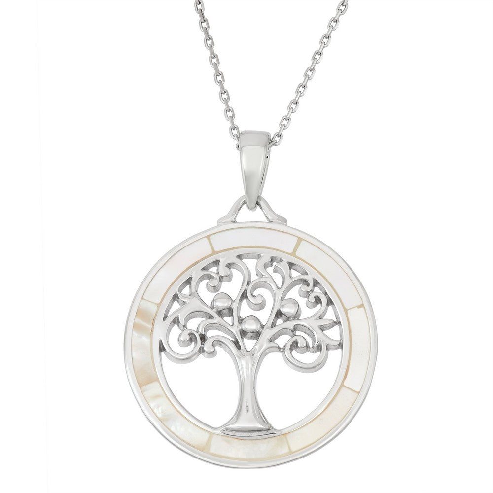 Sterling Silver Round White MOP with Center Tree of Life Pendant