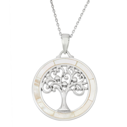 Sterling Silver Round White MOP with Center Tree of Life Pendant