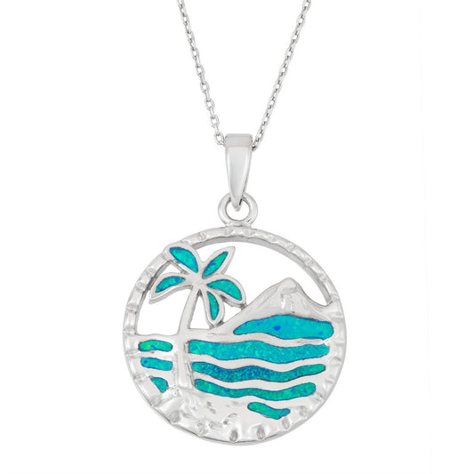 Sterling Silver Blue Inlay Opal Palm Tree and Ocean Pendant