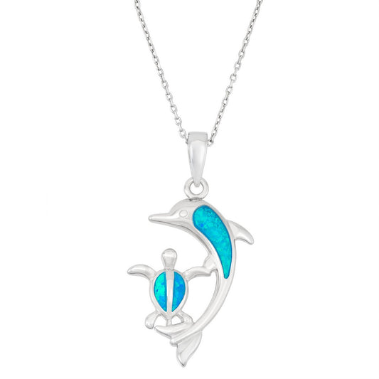 Sterling Silver Blue Inlay Opal Dolphin and Turtle Pendant