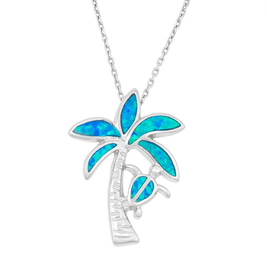 Sterling Silver Blue Inlay Opal Palm Tree with Turtle Pendant