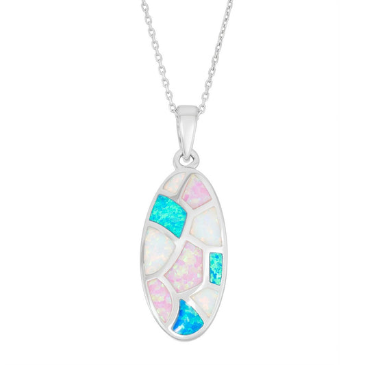 Sterling Silver White, Pink, and Blue Inlay Opal Oval Mosaic Style Pendant