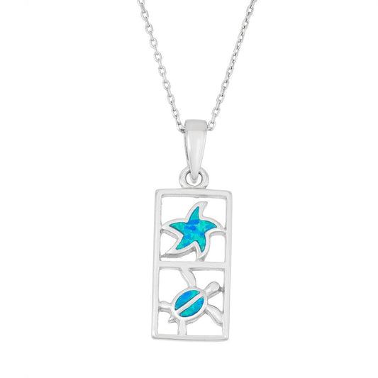 Sterling Silver Blue Inlay Opal Small Starfish and Turtle Rectangle Pendant