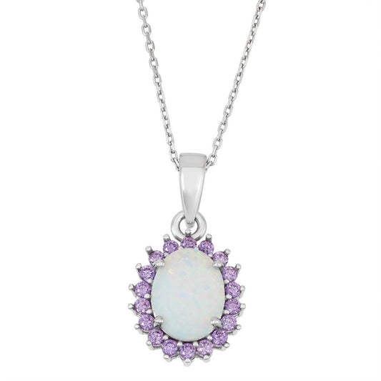 Sterling Silver White Inlay Opal with Amethyst CZ Border Oval Pendant