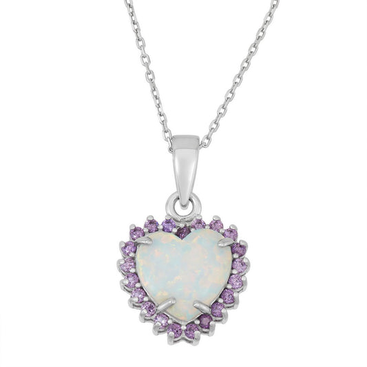 Sterling Silver White Inlay Opal with Amethyst CZ Border Heart Pendant