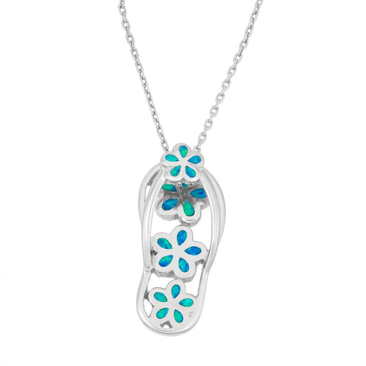 Sterling Silver Blue Inlay Opal Flower Designed Flip Flop Pendant