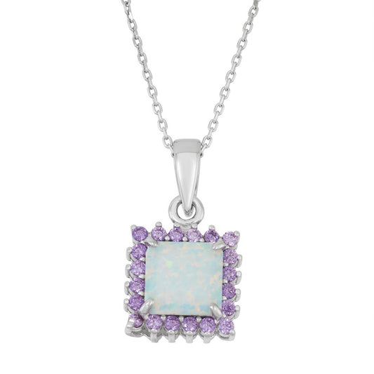 Sterling Silver White Inlay Opal with Amethyst CZ Border Square Pendant