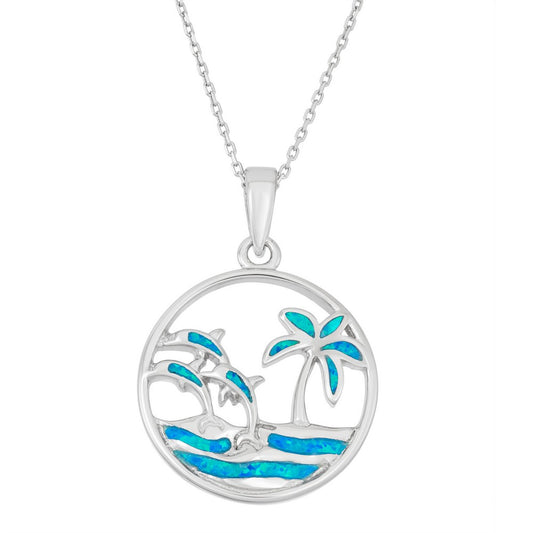 Sterling Silver Blue Inlay Opal Ocean with Dolphins Pendant