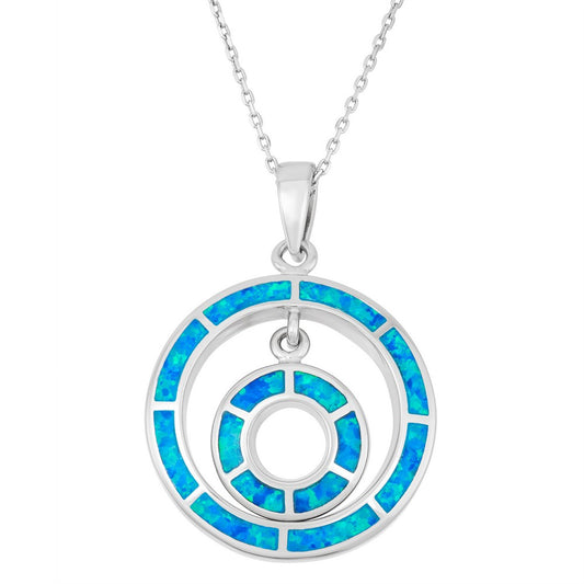 Sterling Silver Blue Inlay Opal Double Open Circles Pendant