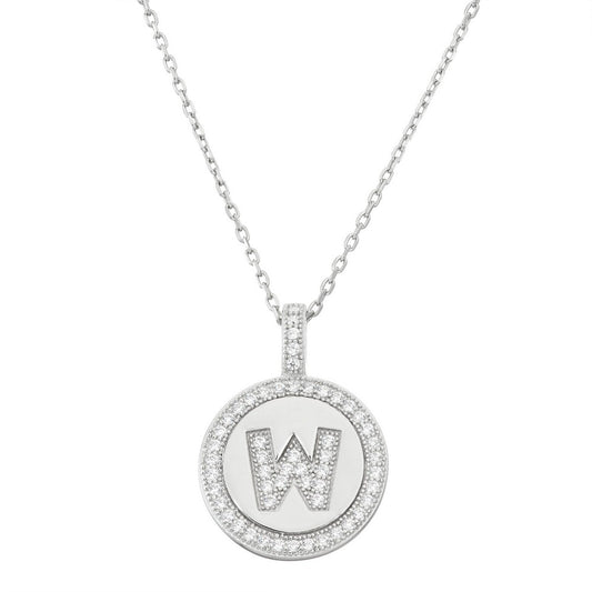 Sterling Silver Micro Pave Circle "W" Pendant W/Chain