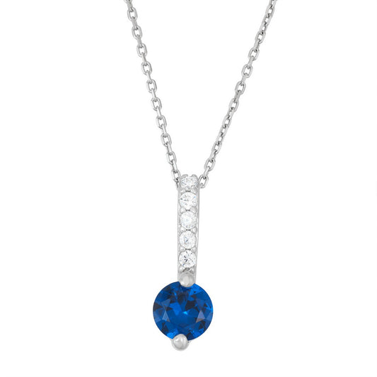 Sterling Silver Thin Bar with Round Stud CZ Pendent - Dark Blue