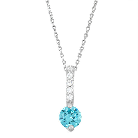 Sterling Silver Thin Bar with Round Stud CZ Pendent - Light Blue