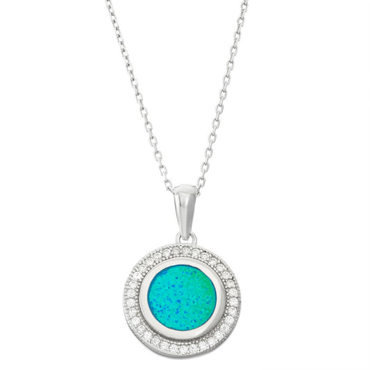Sterling Silver Round Blue Inlay Opal with Micro Pave Border Pendant