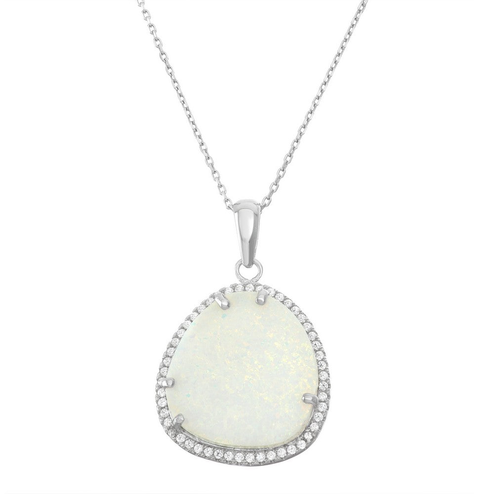 Sterling Silver White Inlay Opal Rounded Triangle with CZ Border Pendant