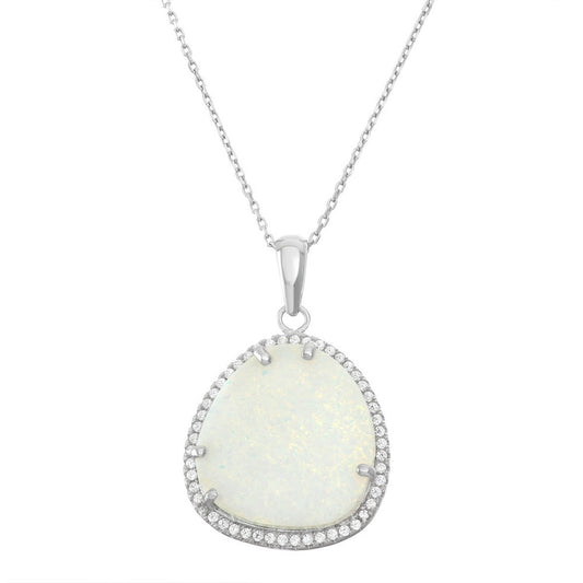 Sterling Silver White Inlay Opal Rounded Triangle with CZ Border Pendant