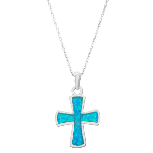 Sterling Silver Blue Inlay Opal Rounded Cross Pendant