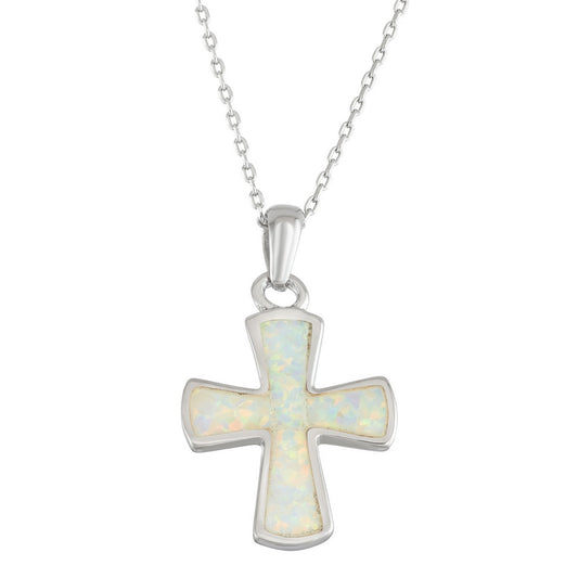 Sterling Silver White Inlay Opal Rounded Cross Pendant