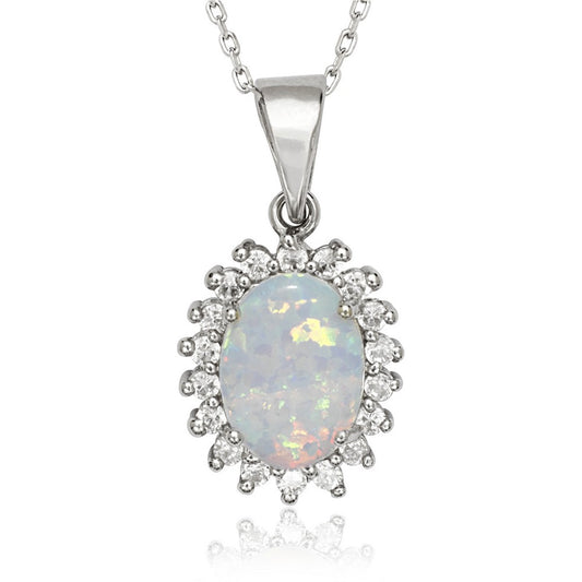 Sterling Silver Oval CZ with Center White Inlay Opal Pendant
