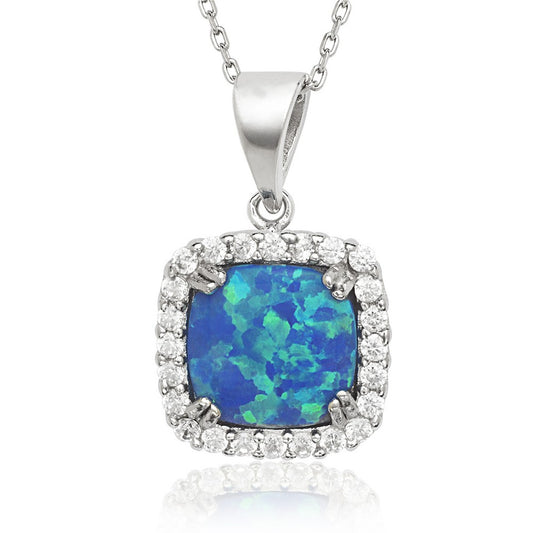 Sterling Silver Square CZ with Center Blue Inlay Opal Pendant