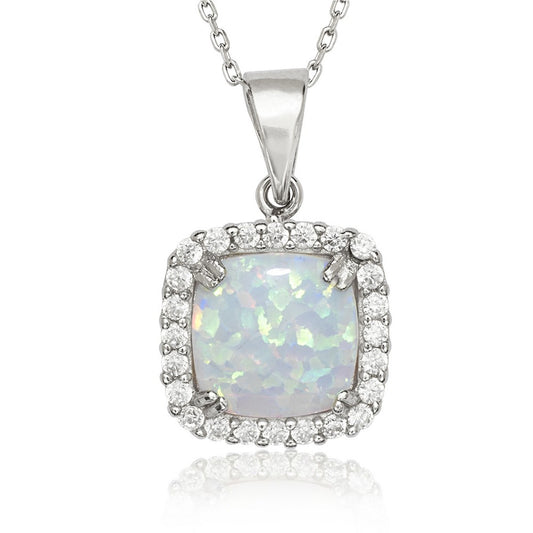 Sterling Silver Square CZ with Center White Inlay Opal Pendant