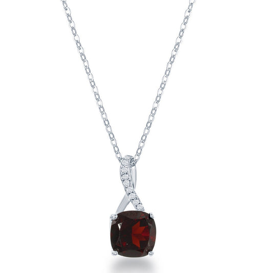Sterling Silver White Topaz Pendant, with Square Gem - Garnet
