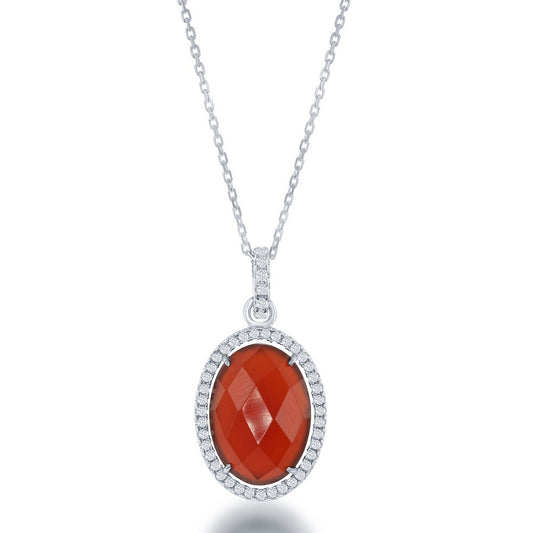 Sterling Silver Oval Red Carnelian with CZ Border Pendant