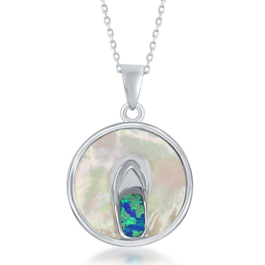 Sterling Silver Round MOP with Blue Inlay Opal Flip Flop Pendant