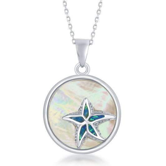 Sterling Silver Round MOP with Blue Inlay Opal Starfish Pendant