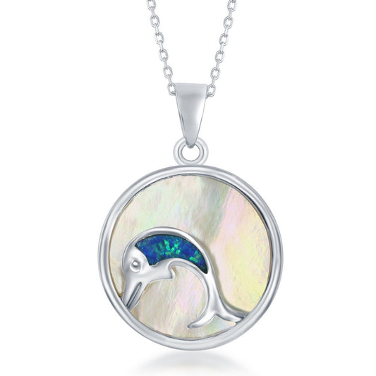 Sterling Silver Round MOP with Blue Inlay Opal Dolphin Pendant