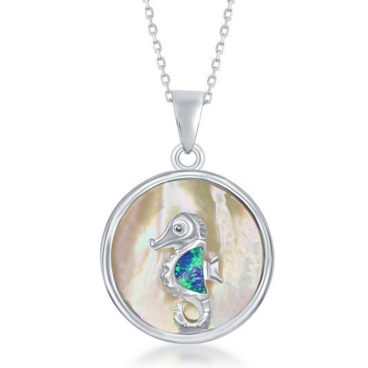 Sterling Silver Round MOP with Blue Inlay Opal Seahorse Pendant