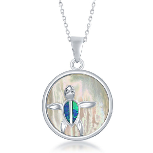 Sterling Silver Round MOP with Blue Inlay Opal Turtle Pendant