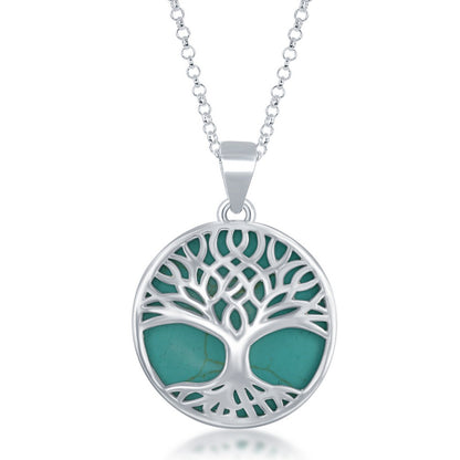 Sterling Silver Large Round Tree of Life Pendant W/Chain - Green Turquoise