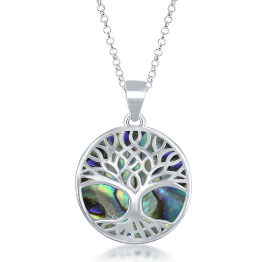 Sterling Silver Large Round Tree of Life Pendant W/Chain - Abalone