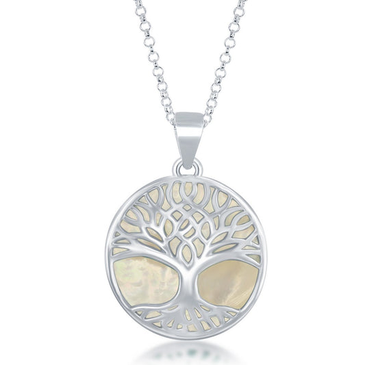 Sterling Silver Large Round Tree of Life Pendant W/Chain - White MOP
