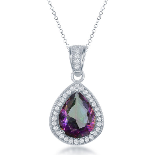 Sterling Silver CZ Teardrop Pendant - Simulated Rainbow