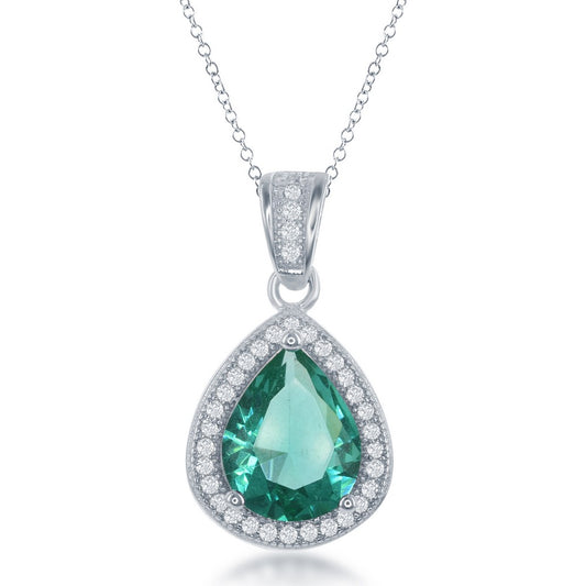 Sterling Silver CZ Teardrop Pendant - Simulated Emerald
