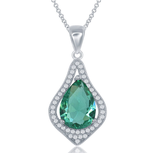 Sterling Silver Large Teardrop Simulated Emerald with CZ Border Pendant