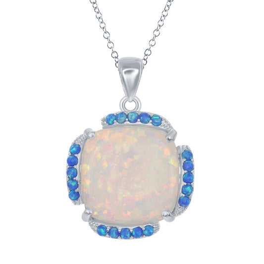 Sterling Silver White Opal with Blue Opal Border Square Pendant