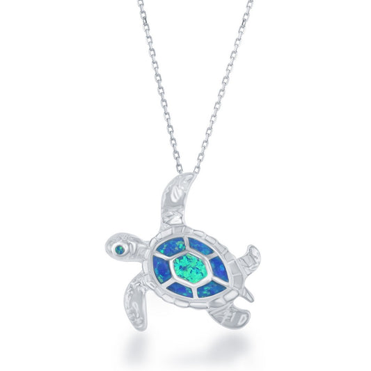 Sterling Silver, Blue Inlay Opal Turtle Pendant